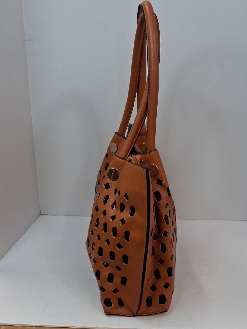 Tan Laser Cut Geometric Tote Bag Double Handle Oversized OS - Picture 3 of 14